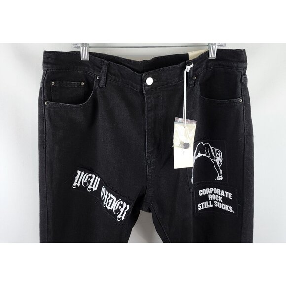 mnml Jeans Mens 40 Vintage Black New Order Corporate Rock Still Sucks Denim NWT - Picture 2 of 16